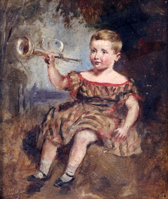 19th century English School Sketch of a boy holding a trumpet, 9 x 7.25in.